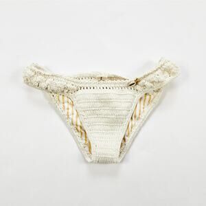 SHE MADE ME Cream Crochet Bikini Bottom with Yellow Stripe Liner